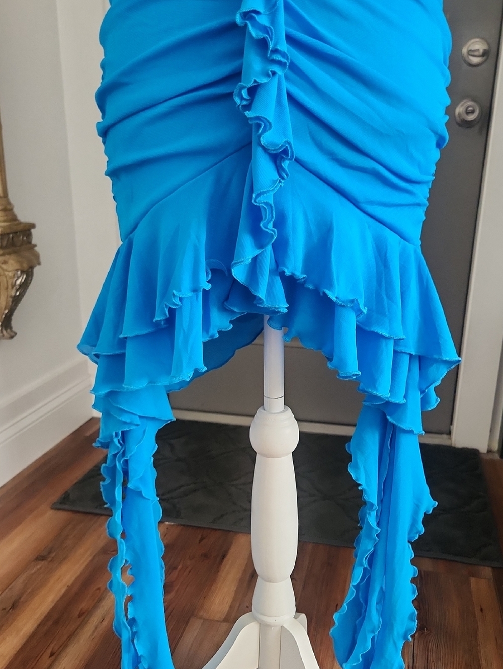 Bright Blue Ruffled Ruched  Halter Mini Dress - Picture 7 of 12